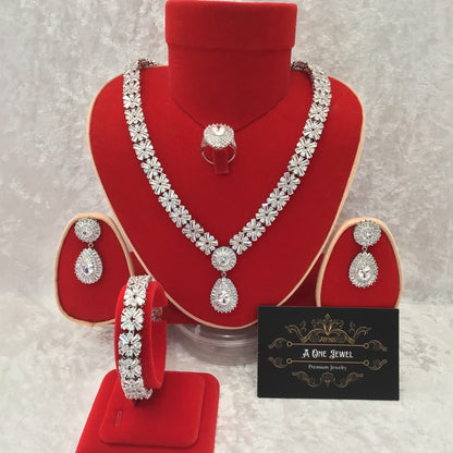 Indian Bridal CZ Diamond Silver Necklace Earrings Bracelet Ring Set