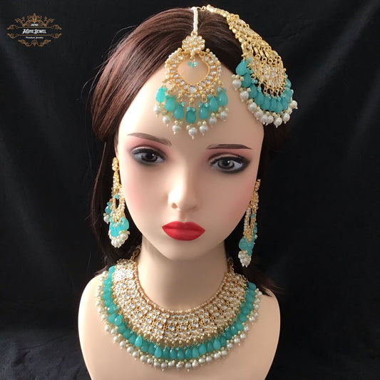 Indian Bridal Baby Blue Necklace Earrings Jhoomar Tikka Set