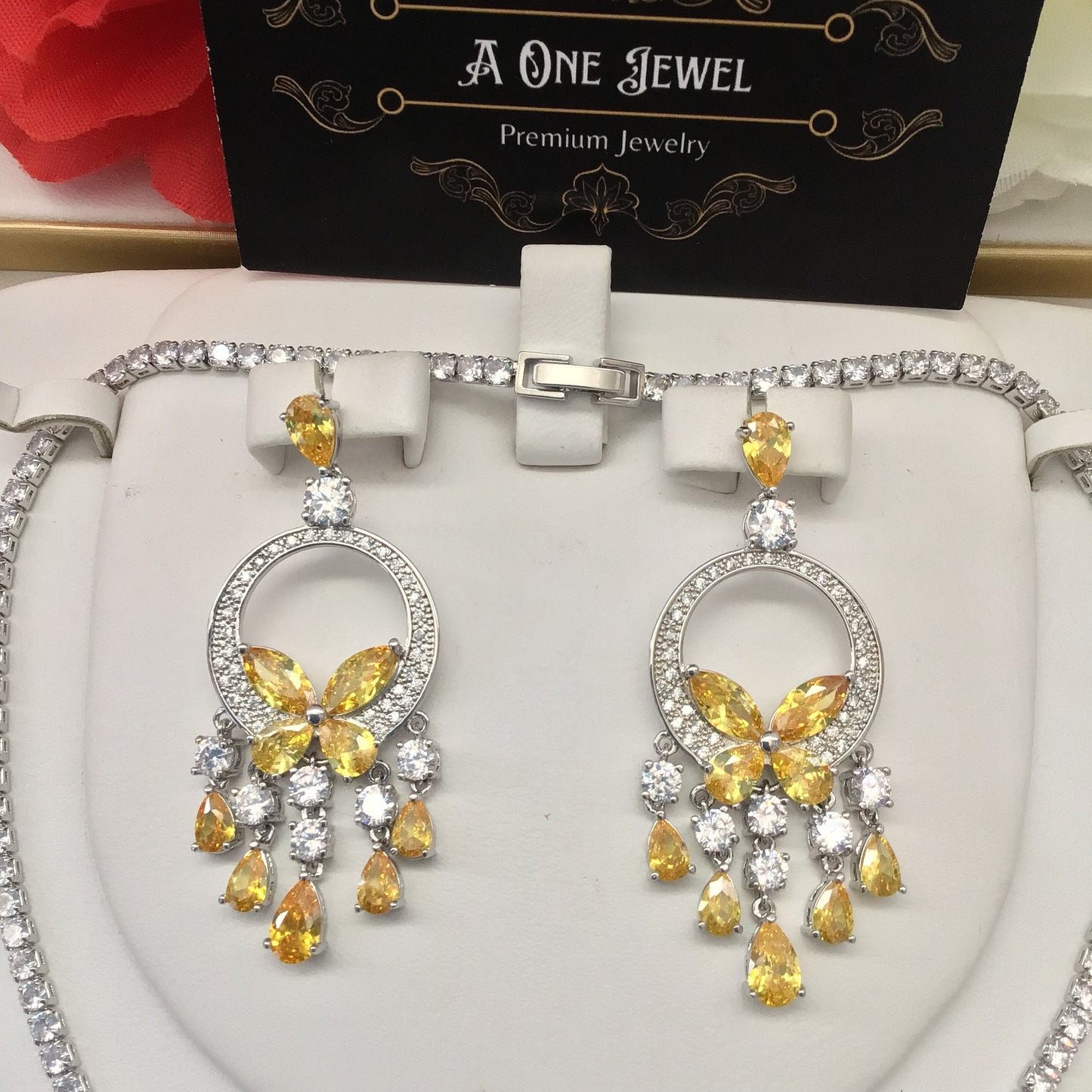 Exclusive Bridal Yellow CZ Diamond Cubic Zirconia Necklace Jewellery Set