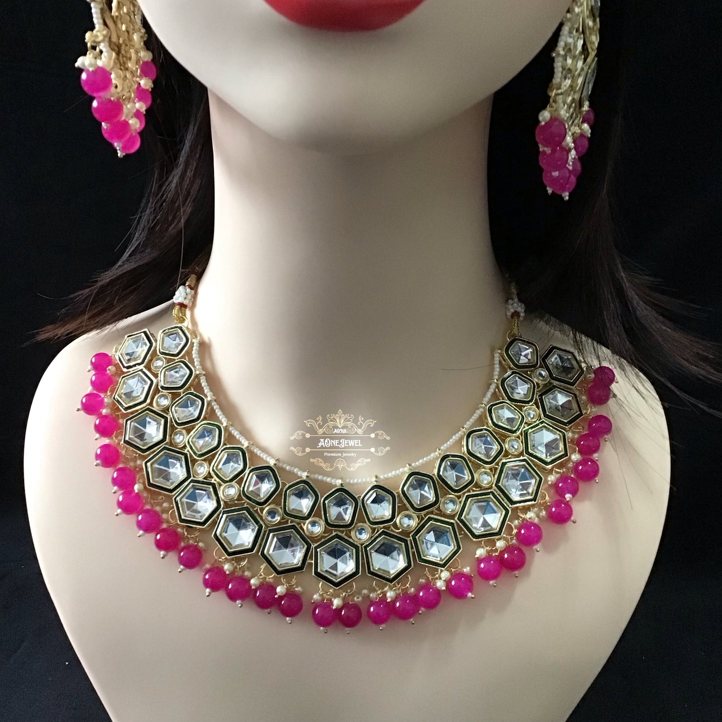 Indian Bridal Pink Necklace Earrings Jhoomar Tikka Set