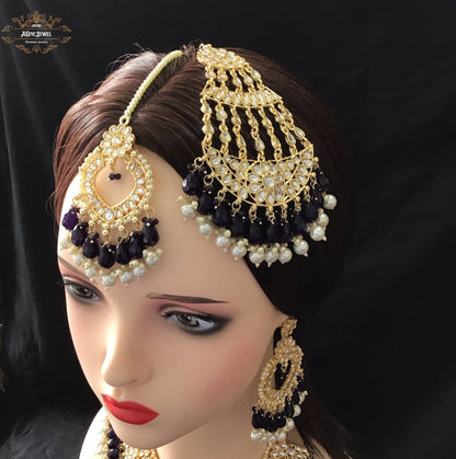 Indian Bridal Navy Blue Necklace Earrings Jhoomar Tikka Set