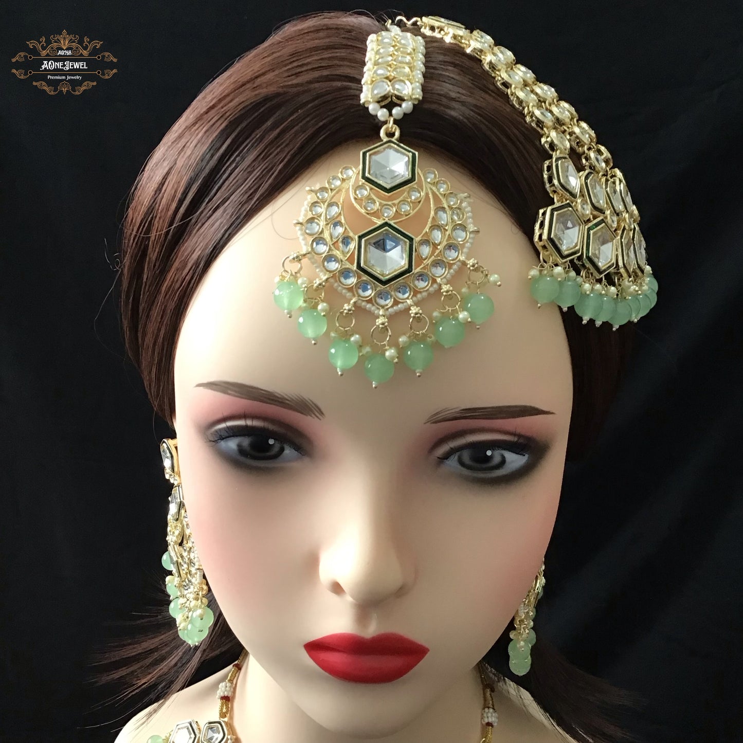 Indian Bridal Pastel Green Necklace Earrings Jhoomar Tikka Set