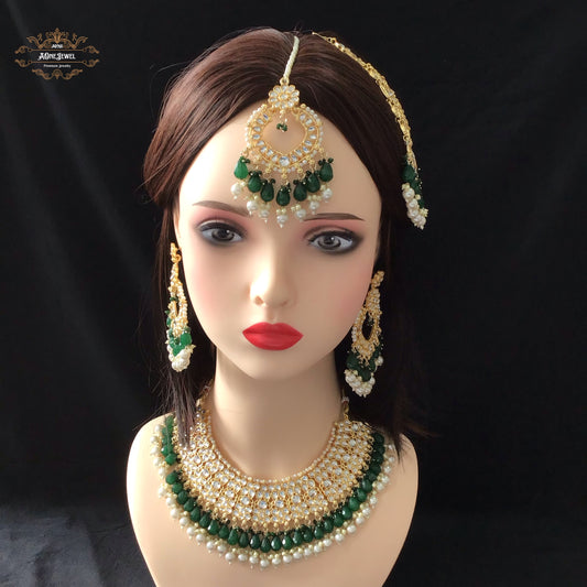Indian Bridal Green Necklace Earrings Jhoomar Tikka Set