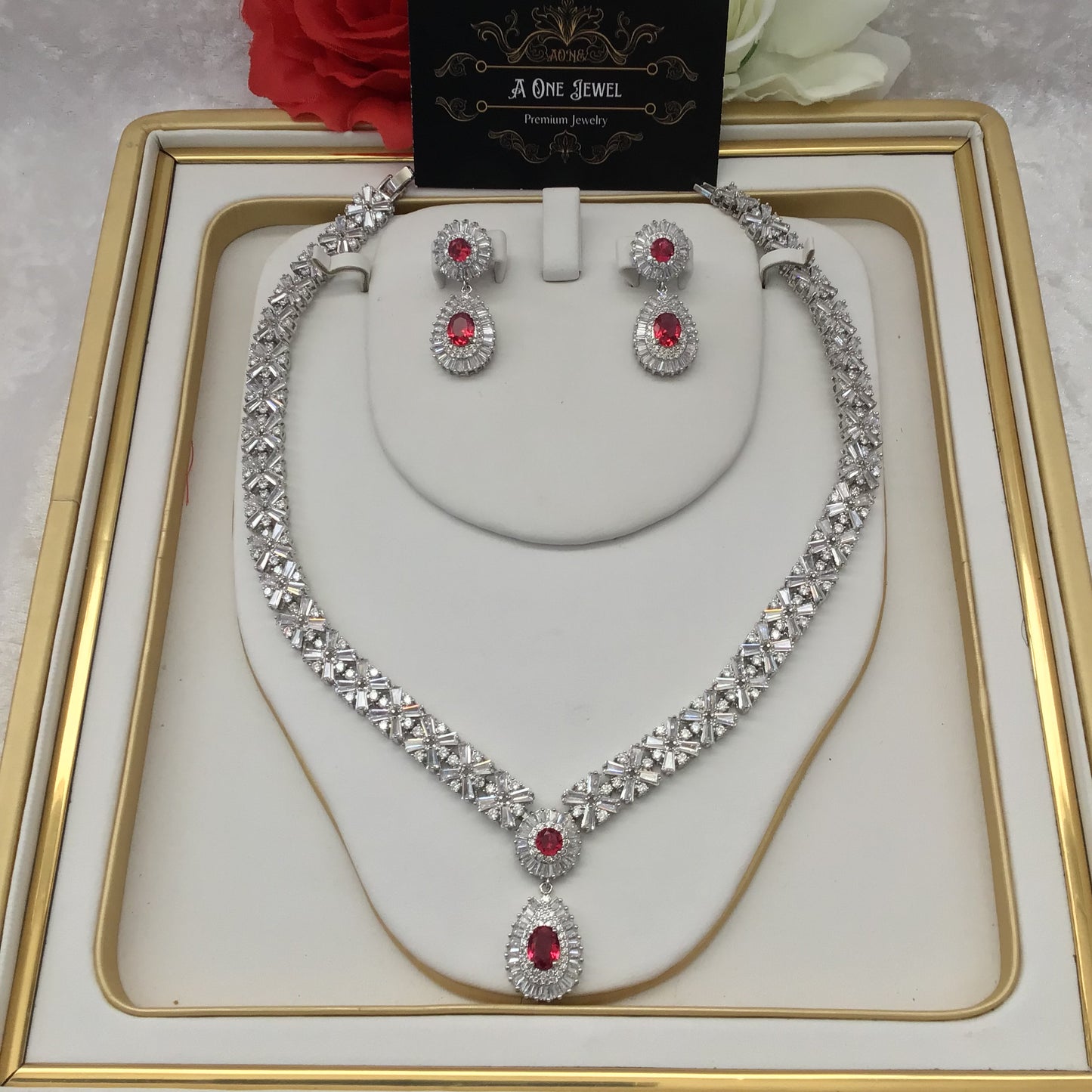 Indian Bridal CZ Diamond Ruby Pink Necklace Earrings Bracelet Ring Set