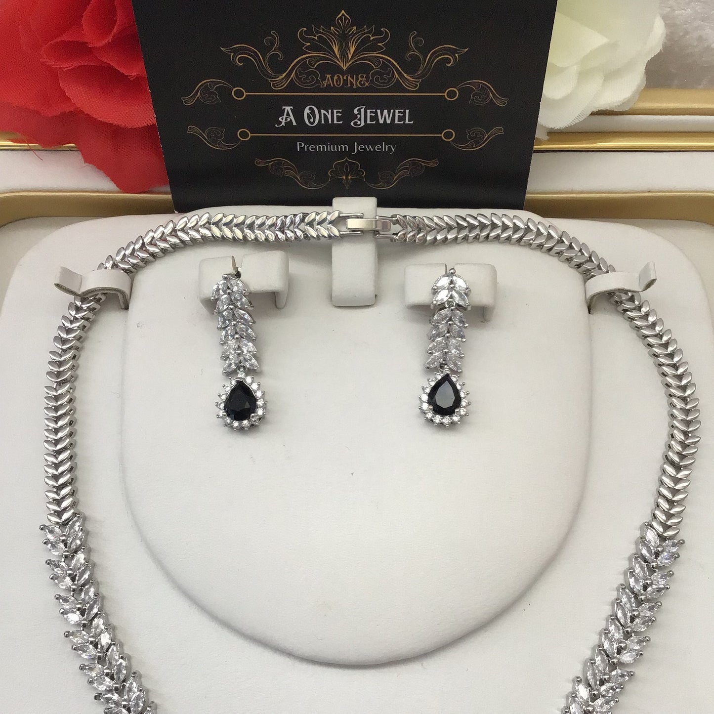 Exclusive Bridal Black CZ Diamond Cubic Zirconia Necklace Jewellery Set