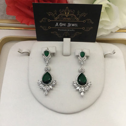 Exclusive Bridal Green CZ Diamond Cubic Zirconia Necklace Jewellery Set