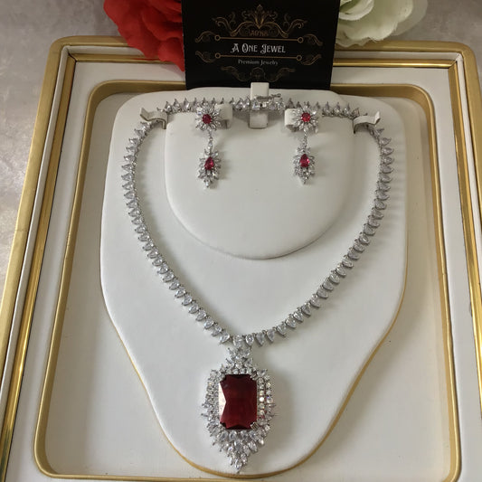 Indian Bridal CZ Diamond Silver Ruby Pink Necklace Jewellery Set