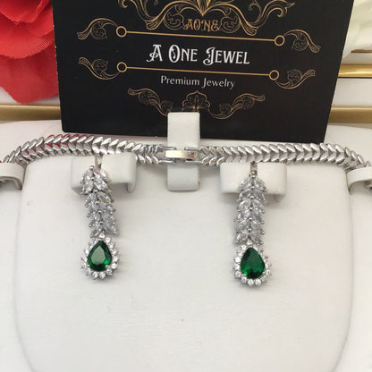 Exclusive Bridal Green CZ Diamond Cubic Zirconia Necklace Jewellery Set