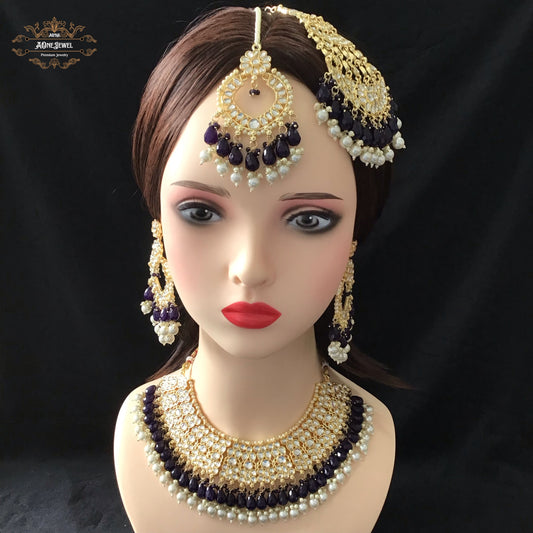 Indian Bridal Navy Blue Necklace Earrings Jhoomar Tikka Set
