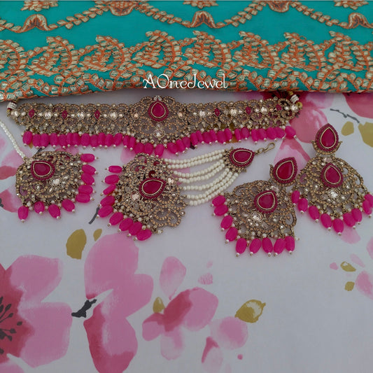 Antique Gold Bridal Choker Necklace Earrings Jhoomar Tikka Set