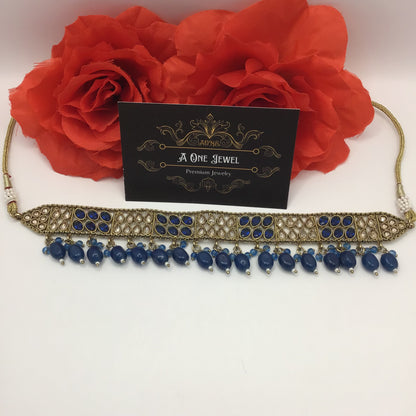 Indian Gold Plated Kundan Choker Earrings and Jhoomar Set