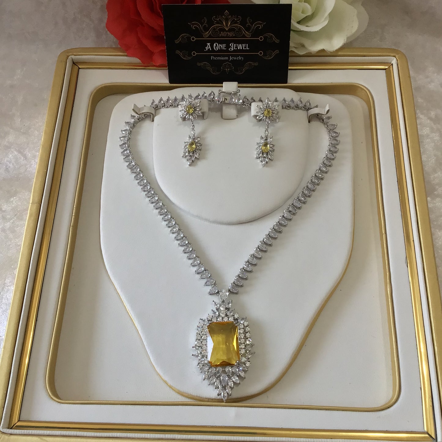 Indian Bridal CZ Diamond Silver Yellow Necklace Jewellery Set