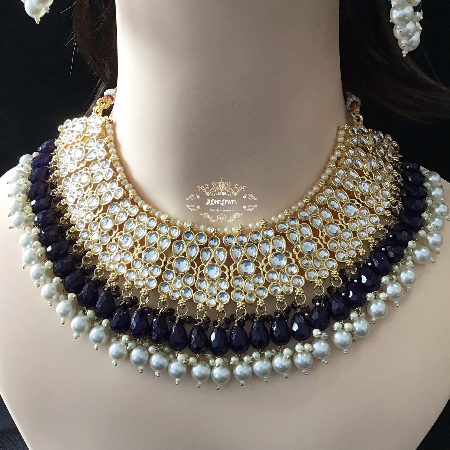 Indian Bridal Navy Blue Necklace Earrings Jhoomar Tikka Set