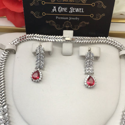 Exclusive Bridal Ruby Pink CZ Diamond Cubic Zirconia Necklace Jewellery Set