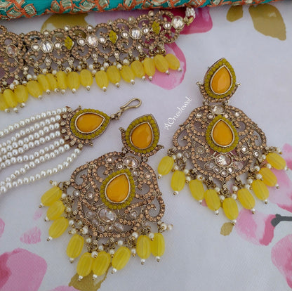 Antique Gold Yellow Bridal Choker Necklace Earrings Jhoomar Tikka Set