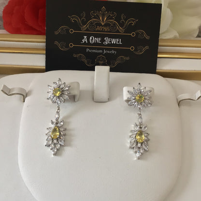 Indian Bridal CZ Diamond Silver Yellow Necklace Jewellery Set