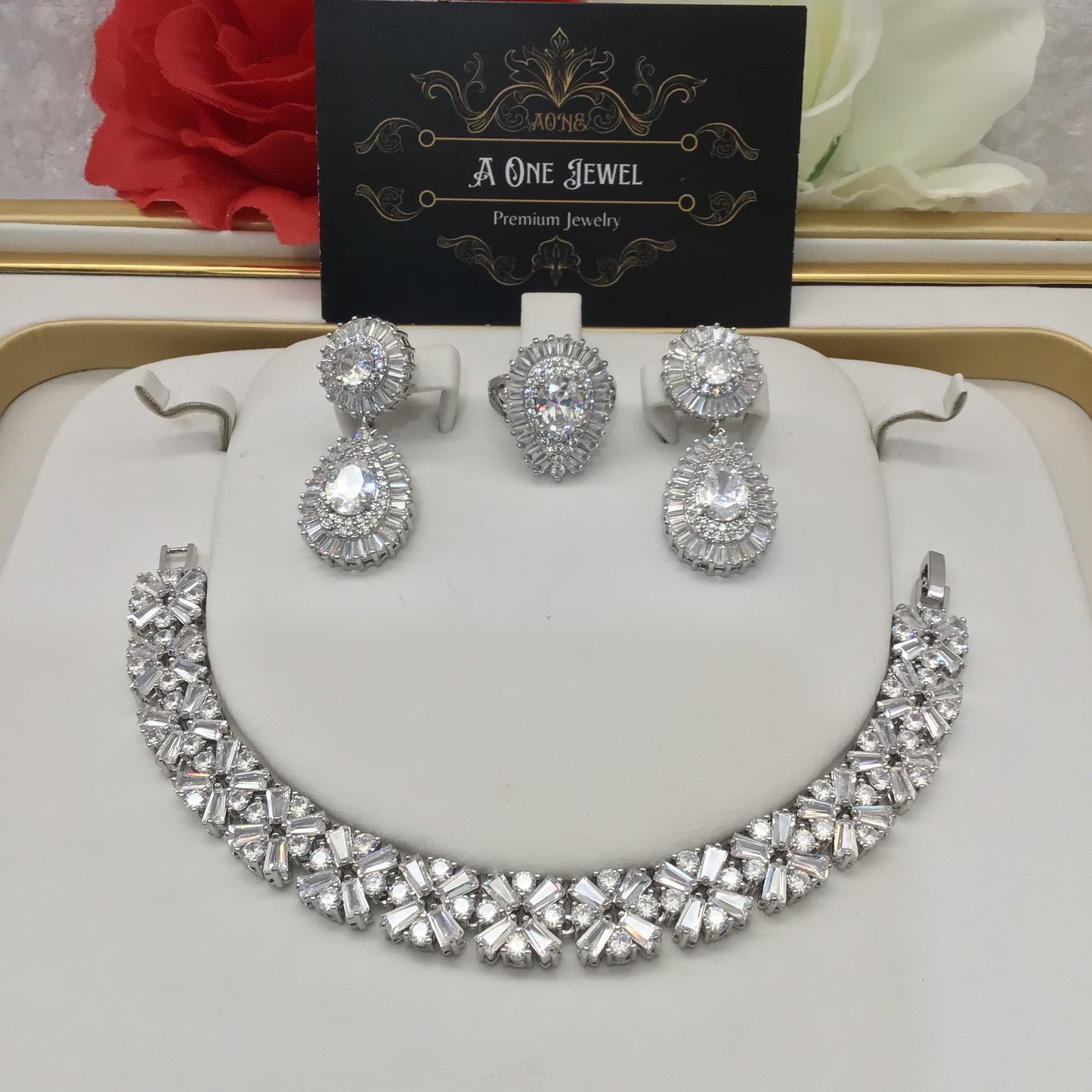 Indian Bridal CZ Diamond Silver Necklace Earrings Bracelet Ring Set