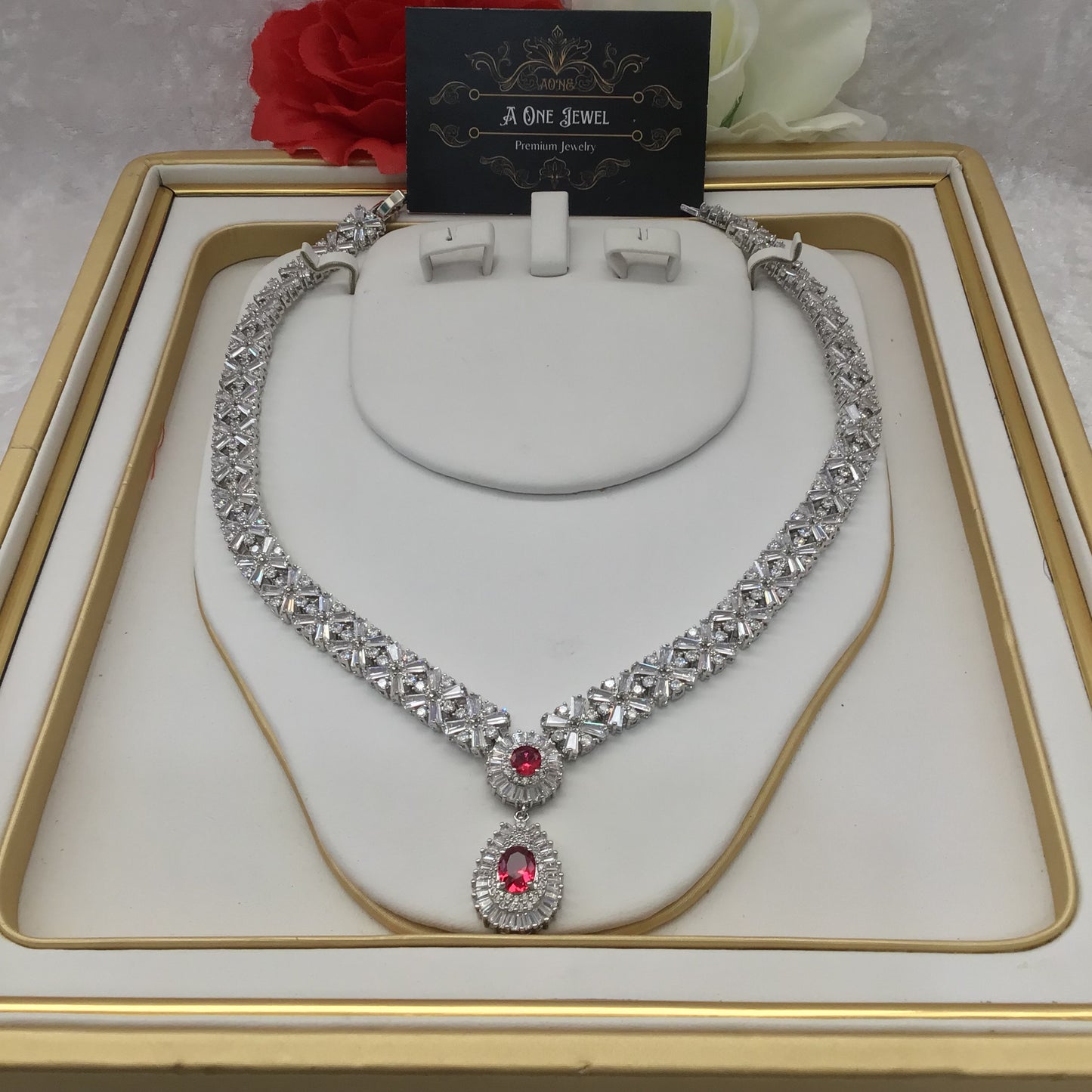 Indian Bridal CZ Diamond Ruby Pink Necklace Earrings Bracelet Ring Set