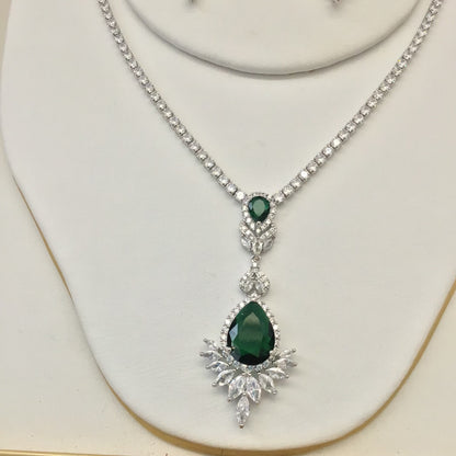 Exclusive Bridal Green CZ Diamond Cubic Zirconia Necklace Jewellery Set