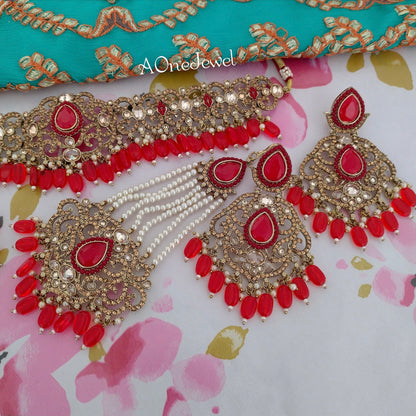 Antique Gold Red Bridal Choker Necklace Earrings Jhoomar Tikka Set