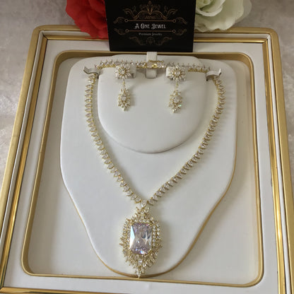 Indian Bridal CZ Diamond Gold Plated Clear Necklace Jewellery Set