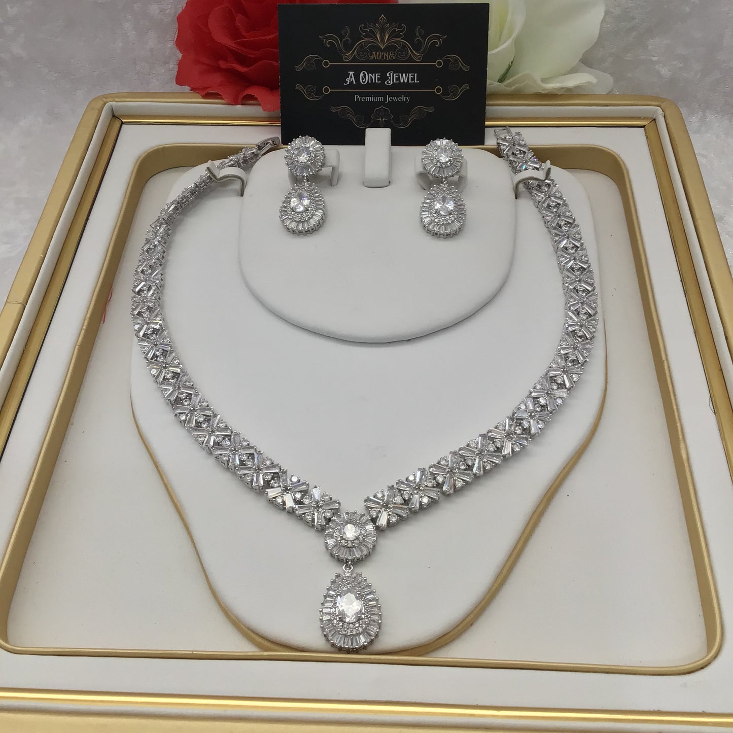 Indian Bridal CZ Diamond Silver Necklace Earrings Bracelet Ring Set