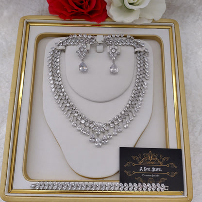 Luxury Indian Bridal Silver CZ Diamond Necklace Set