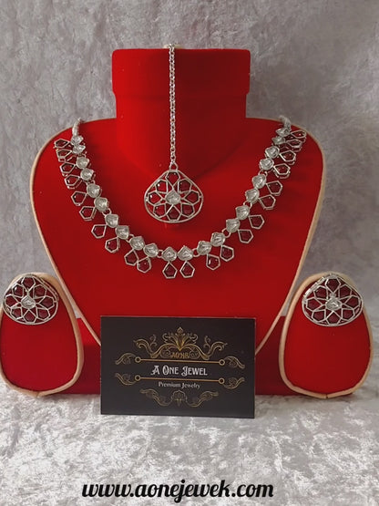 Indian Ethnic Red Silver Plated Necklace Set