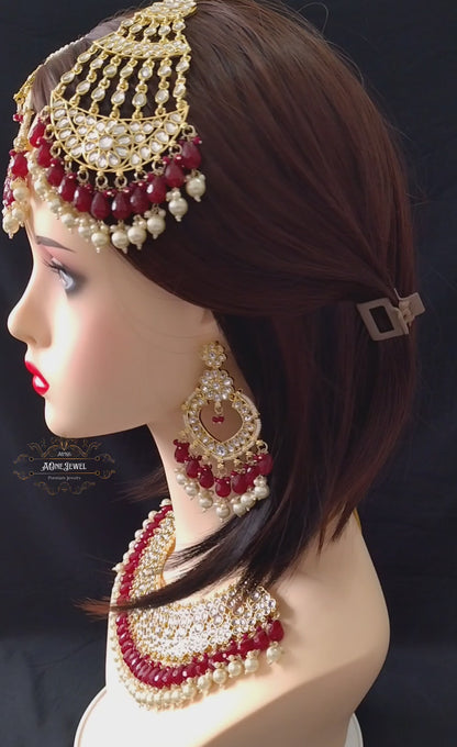 Indian Bridal Maroon Necklace Earrings Jhoomar Tikka Set