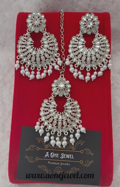 Indian Silver Plated Kundan Pearl Earrings Tikka Set