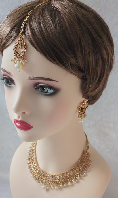 Indian Pakistani Ethnic Pearl Gold Plated Necklace Set