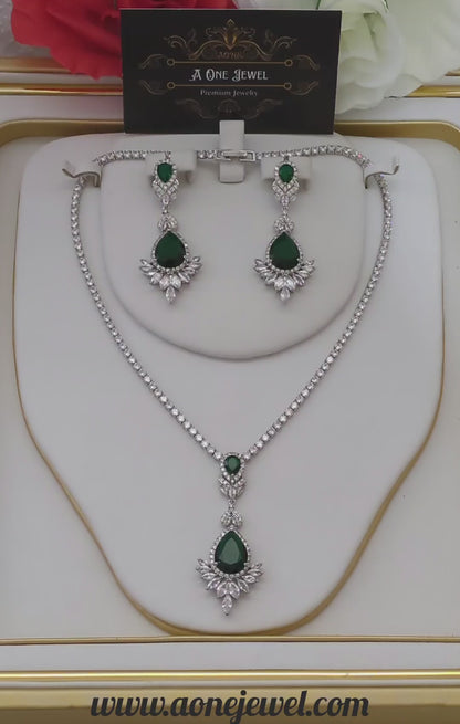 Exclusive Bridal Green CZ Diamond Cubic Zirconia Necklace Jewellery Set