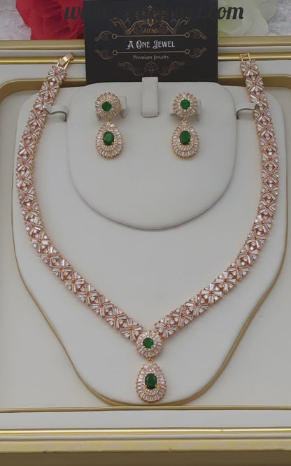 Indian Bridal CZ Diamond Emerald 2PCS Necklace Set