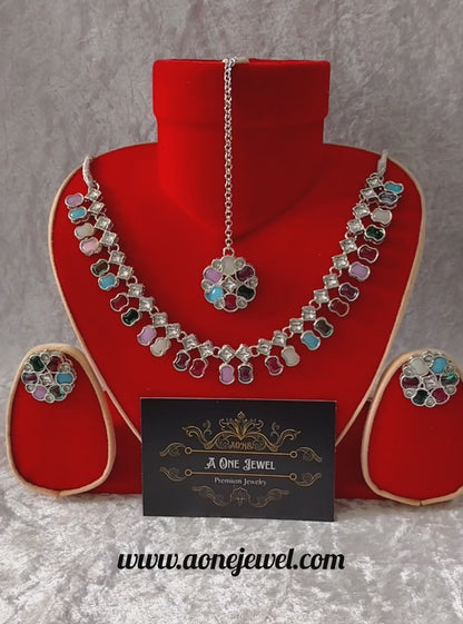 Indian Ethnic Multi Silver Plated Necklace Set