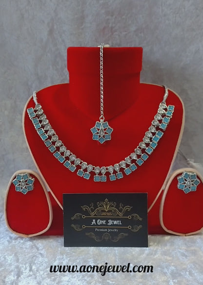 Indian Ethnic Baby Blue Silver Plated Necklace Set