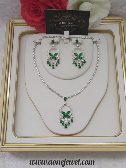 Exclusive Bridal Green CZ Diamond Cubic Zirconia Necklace Jewellery Set