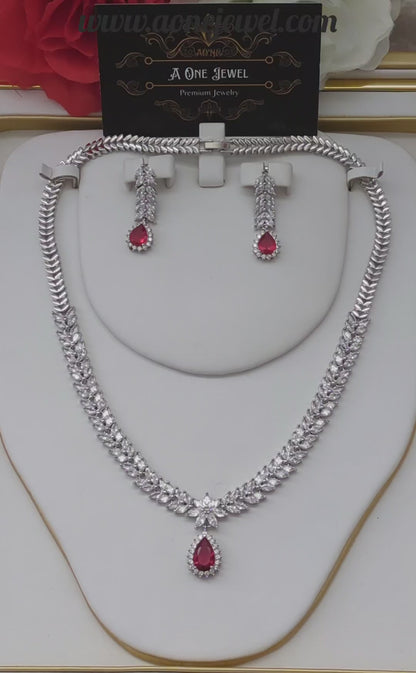 Exclusive Bridal Ruby Pink CZ Diamond Cubic Zirconia Necklace Jewellery Set