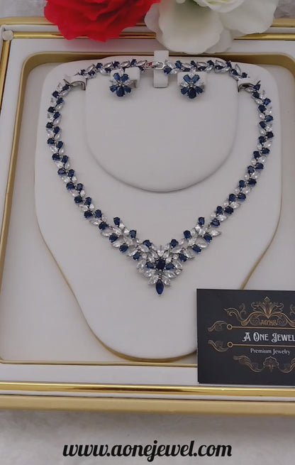 Exclusive Bridal Sapphire CZ Diamond Cubic Zirconia Necklace Jewellery Set