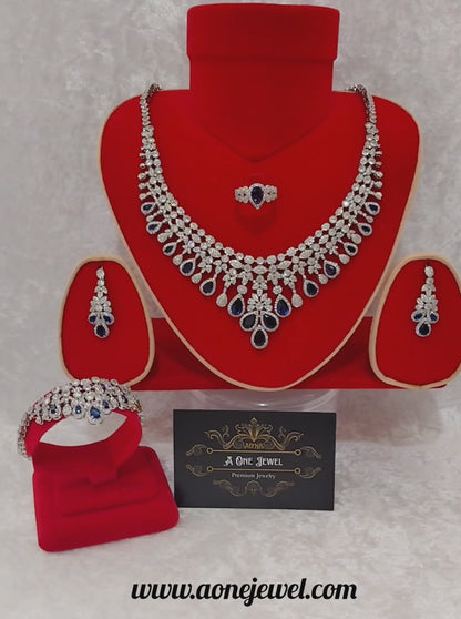 Luxury Indian Bridal CZ Diamond 4PCS Sapphire Necklace Set