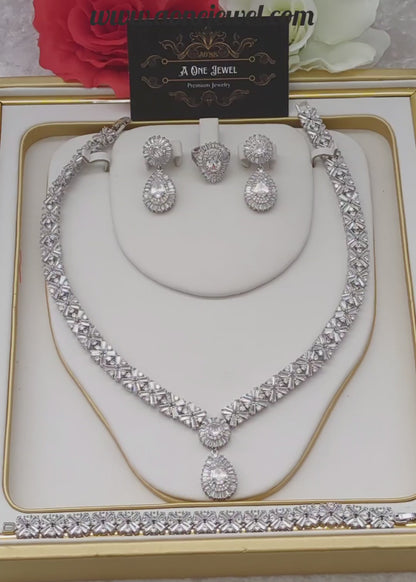 Indian Bridal CZ Diamond Silver Necklace Earrings Bracelet Ring Set