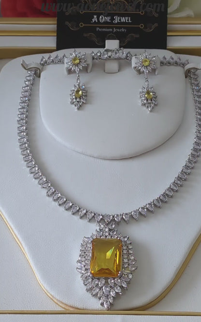 Indian Bridal CZ Diamond Silver Yellow Necklace Jewellery Set