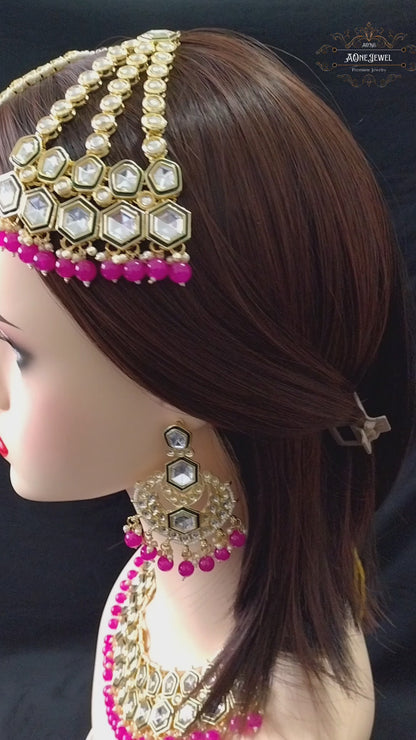 Indian Bridal Pink Necklace Earrings Jhoomar Tikka Set