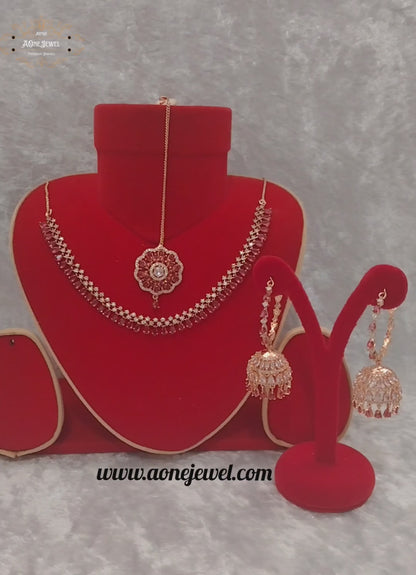 Indian Bridal CZ Diamond Rose Gold Pink Necklace Set