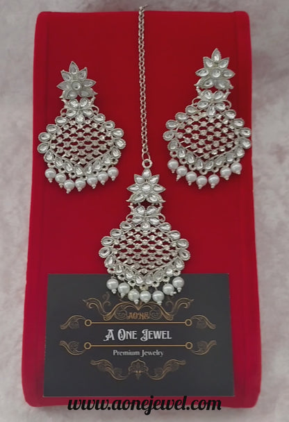 Indian Silver Plated Kundan Pearl Earrings Tikka Set