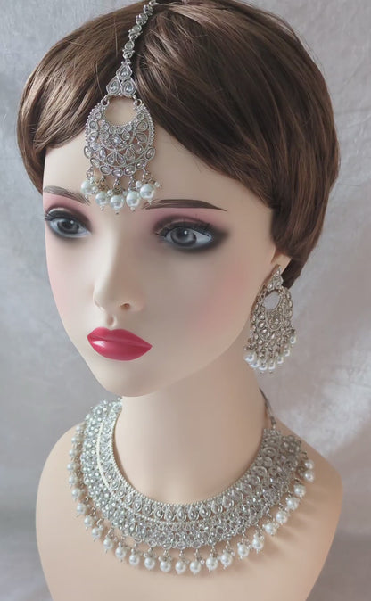 Indian Bridal Pearl Statement Necklace Jewellery Set, Silver Wedding Necklace Set