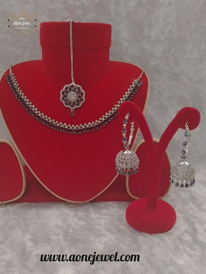 Indian Bridal CZ Diamond Silver Sapphir Necklace Set