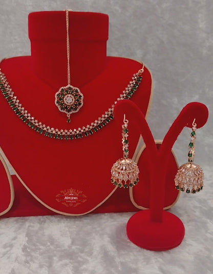 Indian Bridal CZ Diamond Rose Gold Green Necklace Set