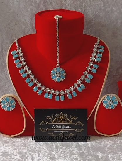 Indian Ethnic Baby Blue Silver Plated Necklace Set