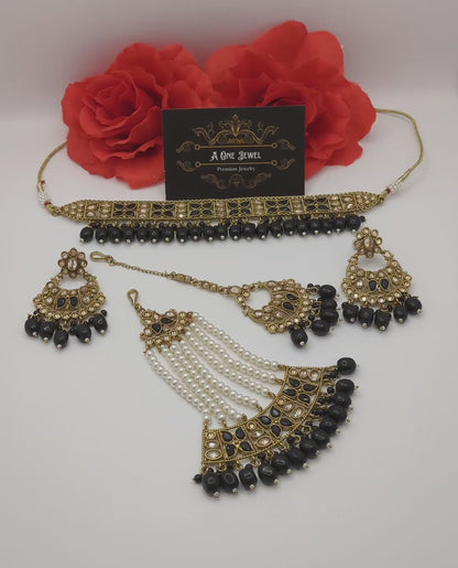 Indian Gold Plated Kundan Choker Earrings and Jhoomar Set