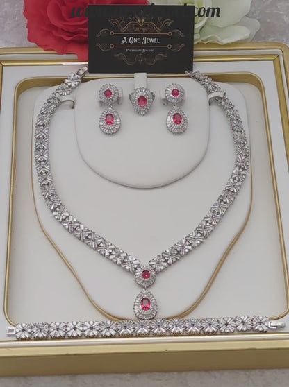 Indian Bridal CZ Diamond Ruby Pink Necklace Earrings Bracelet Ring Set